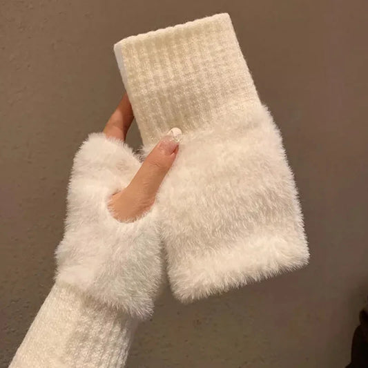 M&T Wear - Soft Winter Half Finger Gloves Women Warm Luxury Solid White Plush Knitted Fingerless Gloves Wrist Mittens Writting