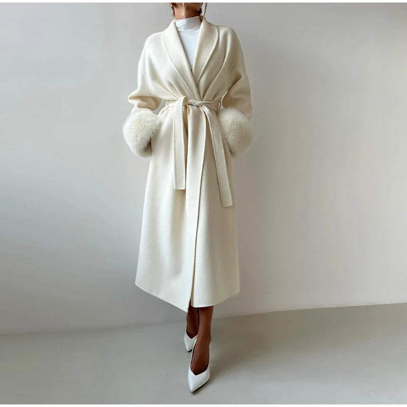 Elegant Solid Long Overcoat Women Turn-down Collar Lace Up Full Sleeve Classic Warm Coat 2025 New Lady Autumn Winter Casual Wear