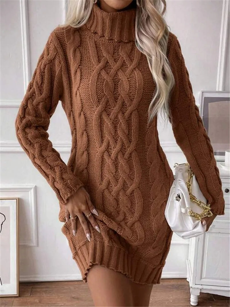 M&T Wear - Simple Slim-Fit High-Neck Mini Sweater Dress