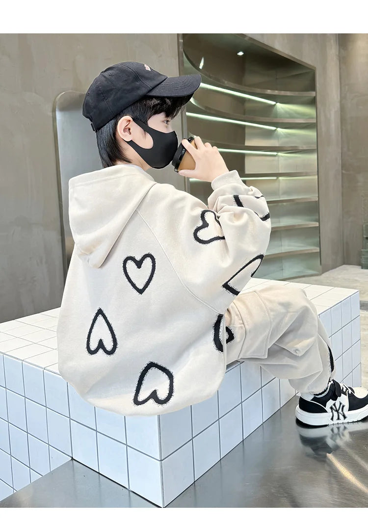 M&T Wear - Tracksuits for Kids 2025 Autumn Heart Print Casual School Boys Girls Hoodies+Pants Suits 5-14Years Teen Children Clothes Outfits