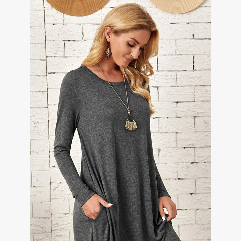 Women's 2025 Fall Winter Knit Dress - Solid Color Swing Dress with Side Pockets, Casual A-Line Tunic Dress