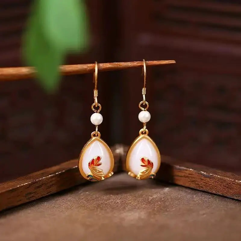 M&T Wear - Vintage Gilded Enamel Water-Drop Jade Earrings
