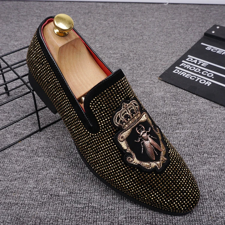 M&T Wear - New Shoes for Men Leather Casual Shoes Luxury Pointed Toe Party Dress Shoes Street Trend Slip-on Rhinestone Crown Loafers