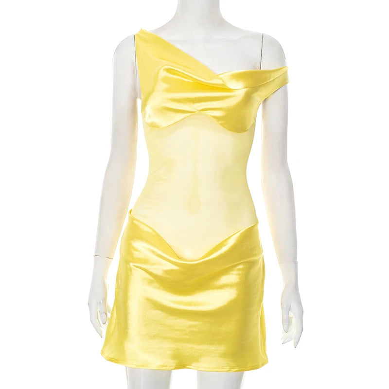 M&T Wear- Women's Summer New Arrival Faux Silk Patchwork Mesh Off-The-Shoulder Sleeveless Bodycon Dress Fashionable Elegant Dress