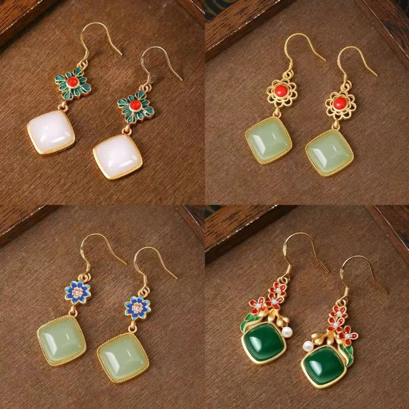 M&T Wear - Vintage Gilded Enamel Water-Drop Jade Earrings
