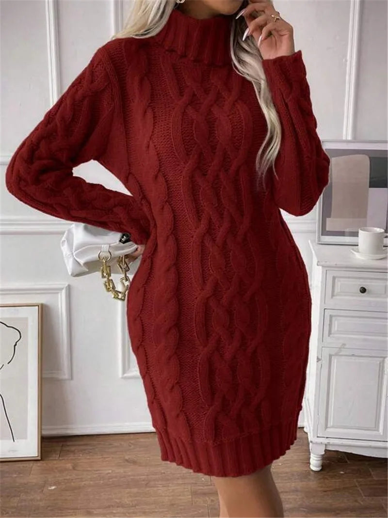 M&T Wear - Simple Slim-Fit High-Neck Mini Sweater Dress