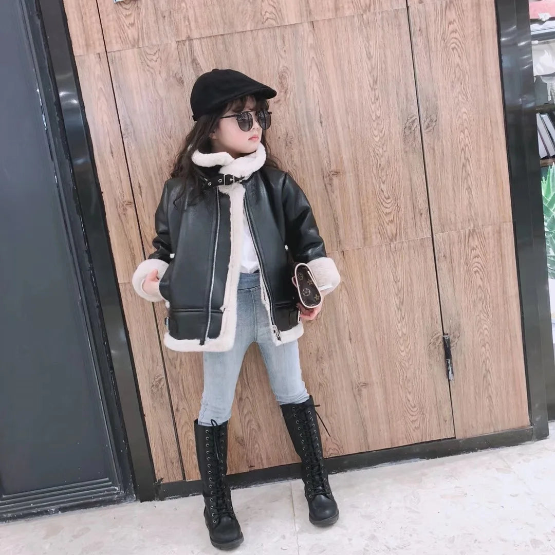 M&T Wear - Girls Jacket Leather Motorcycle Kids Coats Fleece Children Jacket Winter Autumn