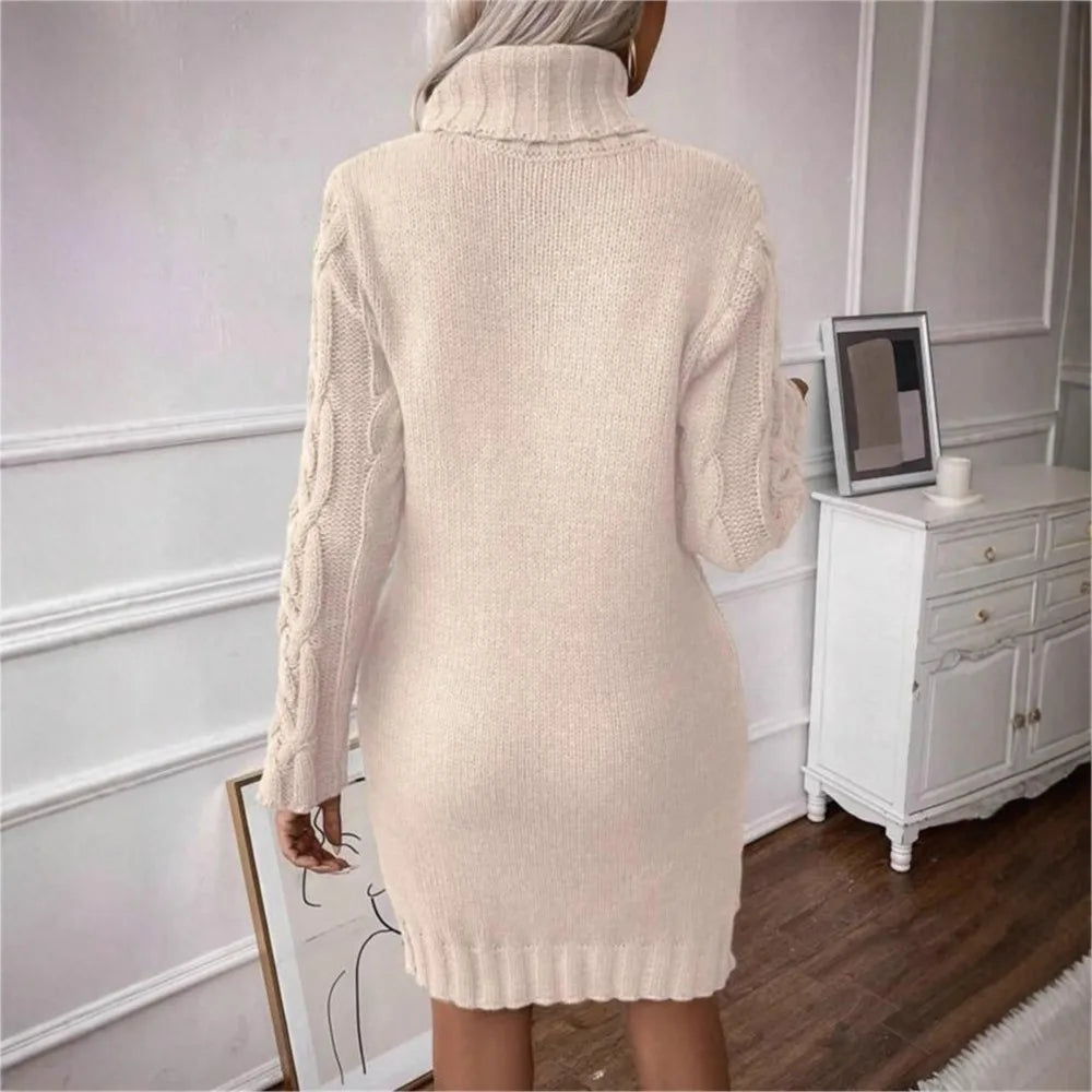 M&T Wear - Simple Slim-Fit High-Neck Mini Sweater Dress
