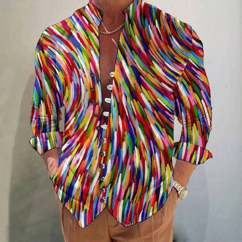 M&T Wear - Men Shirts New Print Button Shirt Fashion Stand Collar Loose Fitting Men's Shirts Casual Streetwear Comfortable