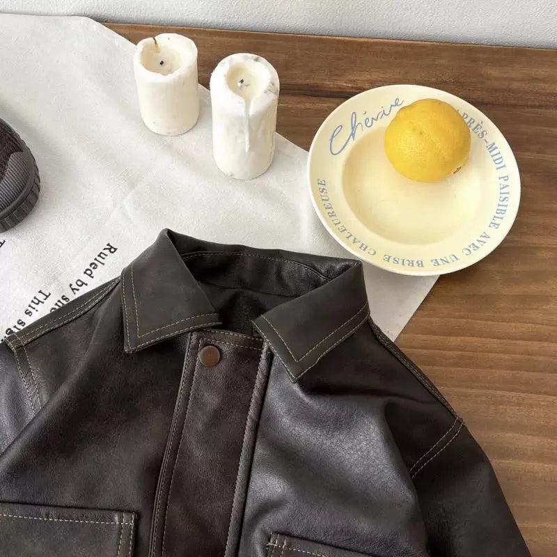 M&T Wear - Children's PU Leather Jacket Boys Fashion Coat Girls Classic Retro Outerwear Autumn Kids New Street Fashionable  Casual Tops