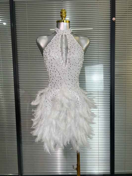 M&T Wear - Women Sexy White Backless Mesh Crystal Diamonds Feathers Performance Costume Stage Dancer Mini Stretchy Night Club Party Dress