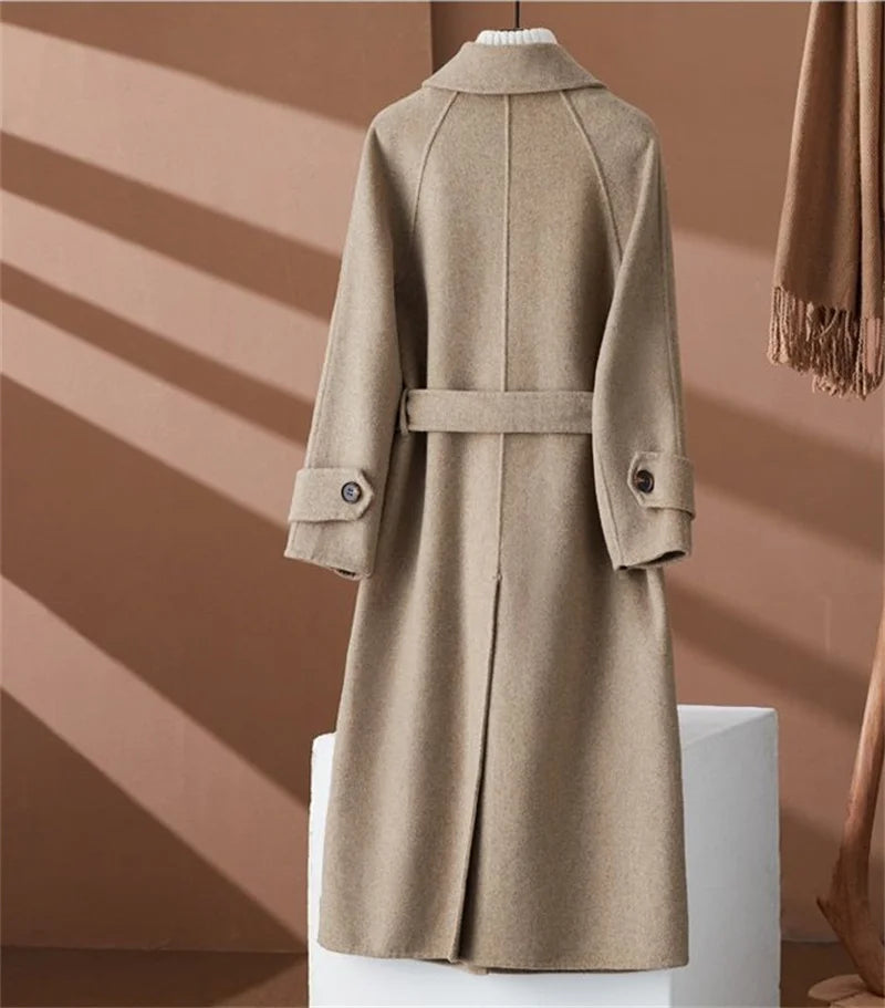 100% Wool Coat Women's Wear 2024 Autumn/Winter Fashion Temperament Double sided Cashmere Coats with Belt Elegant Long Overcoat