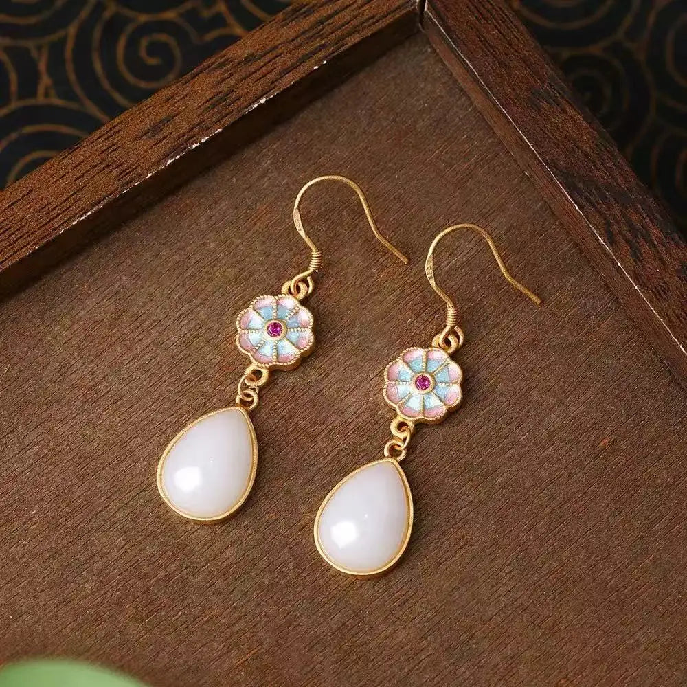 M&T Wear - Vintage Gilded Enamel Water-Drop Jade Earrings
