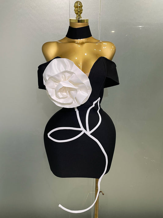 M&T Wear - Women 2025 New Sexy Off Shoulder White Flower Black Mini Bodycon Bandage Dress Luxury Celebrity Evening Club Elegant Party Gowns