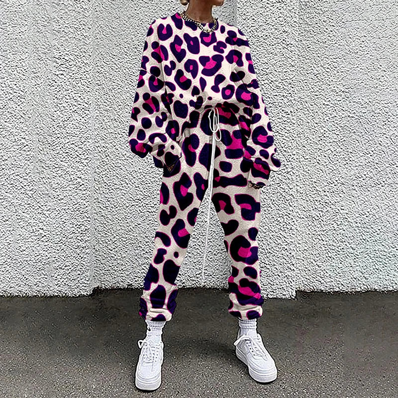 M&T Wear - Women Tracksuit Hipster Street Style Colorful Leopard Printed Casual Full Sleeve O Neck Sweatshirt + Drawstring Pants Two-pieces