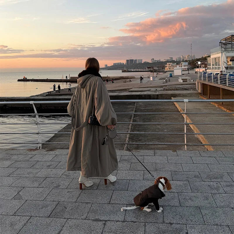 M&T Wear - Oversize Faux Fur Collar Lace-Up Fashion Long Coat