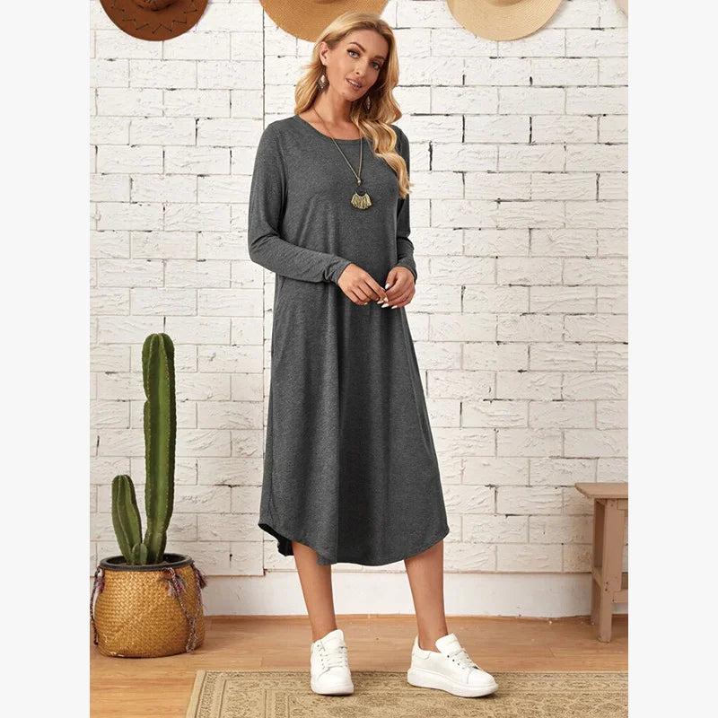 Women's 2025 Fall Winter Knit Dress - Solid Color Swing Dress with Side Pockets, Casual A-Line Tunic Dress