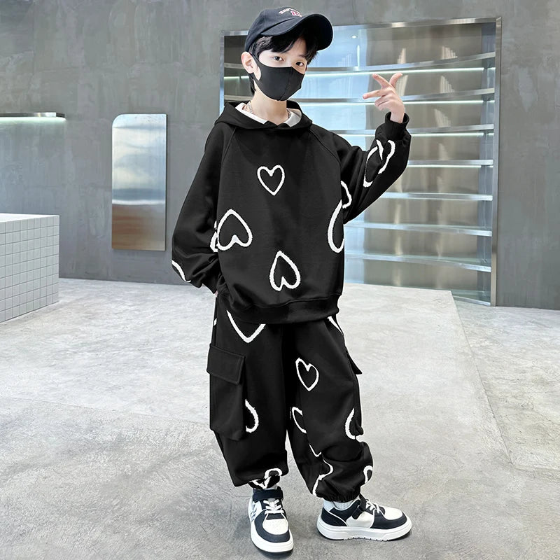 M&T Wear - Tracksuits for Kids 2025 Autumn Heart Print Casual School Boys Girls Hoodies+Pants Suits 5-14Years Teen Children Clothes Outfits