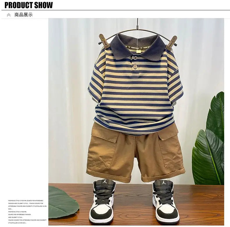M&T Wear - Korean Children's Clothes 2025 Summer Kids Clothes Boys Outfits Baby Thin Short Sleeves Stripe Polo Shirt +Shorts Two Pieces Set