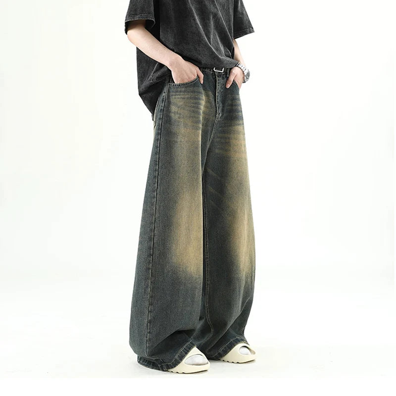 M&T Wear - Men Denim Pants Old Blue Washed Male Jeans Straight Casual Menswear Loose Wide Leg Trousers New Fashion Korean High Street Denim