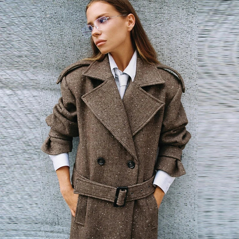 M&T Wear - Elegant Lace-Up Double-Breasted Long Wool Overcoat