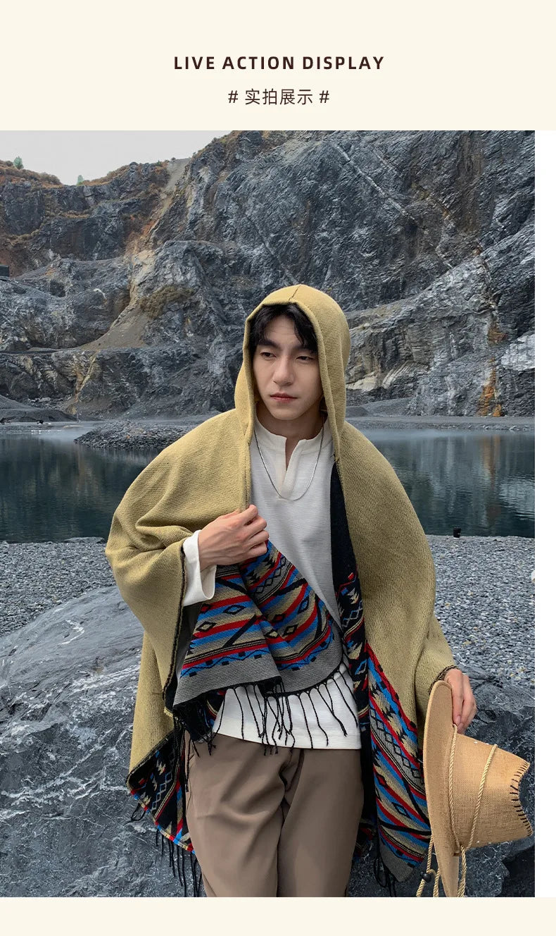 M&T Wear - Winter New Bohemian Shawl Men Ponchos Cashmere Blend Cape Coat Fringe Poncho Vintage Tassel Scarf Hooded Wraps Outwear