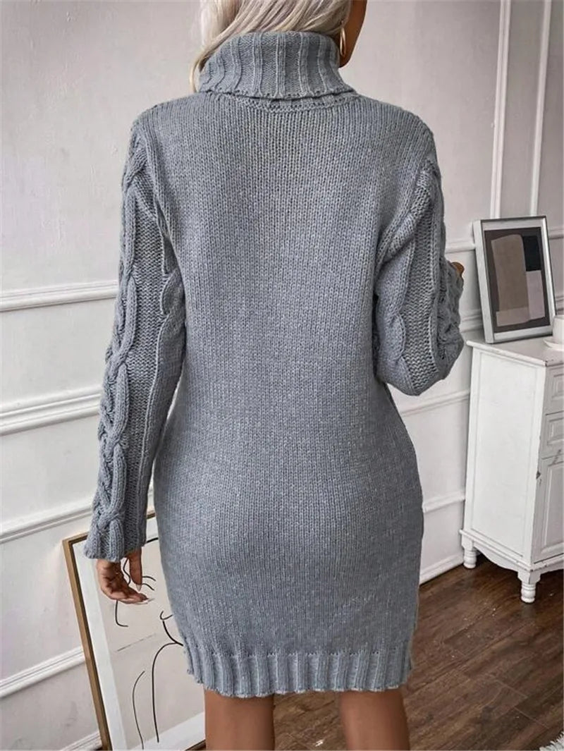 M&T Wear - Simple Slim-Fit High-Neck Mini Sweater Dress