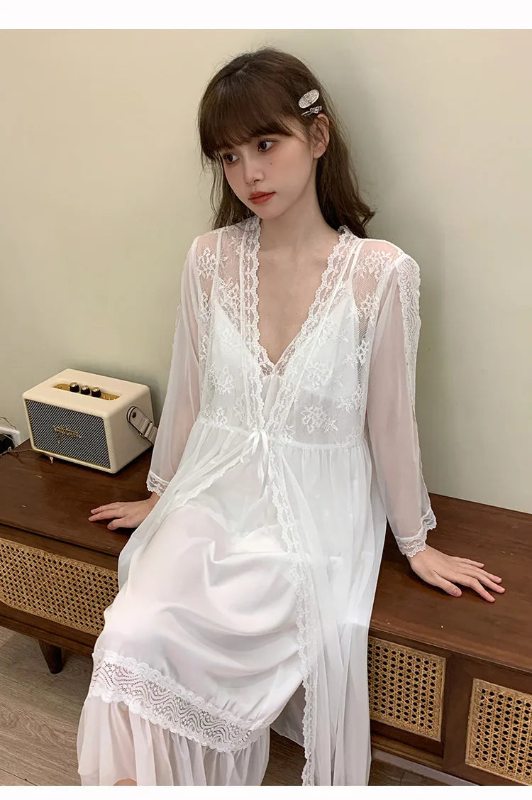 M&T Wear - Female Nighty & Robe Set Perspective Temptation Nightgown Intimate Lingerie Spring Summer Silk Satin Sleepwear Loose Home Dress