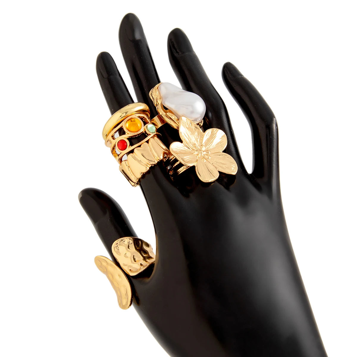 M&T Wear - Irregular Metal Flower & Pearl Ring Set for Women