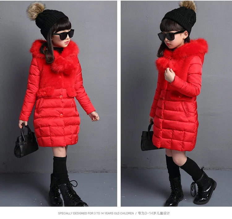 M&T Wear - Winter Warm Jackets for Girls Fashion Fur Hooded Children Girls Waterproof Outwear Kids Cotton Lined Parkas