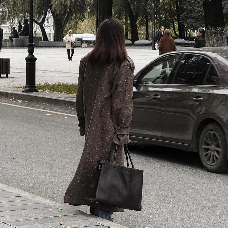 M&T Wear - Elegant Lace-Up Double-Breasted Long Wool Overcoat