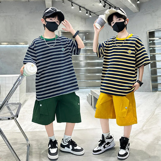 M&T Wear - Kids Striped Summer Suit for Boy with Shorts 2 Piece Cotton Clothing Set Children Top and Bottom Clothes Set Tracksuit Age 5-14Y