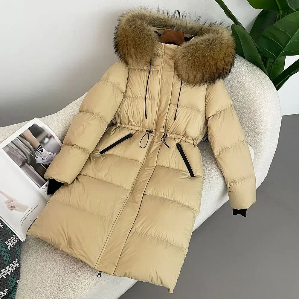 M&T Wear - Luxury Real Fox Fur Hooded White Duck Down Long Coat