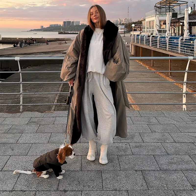 M&T Wear - Oversize Faux Fur Collar Lace-Up Fashion Long Coat