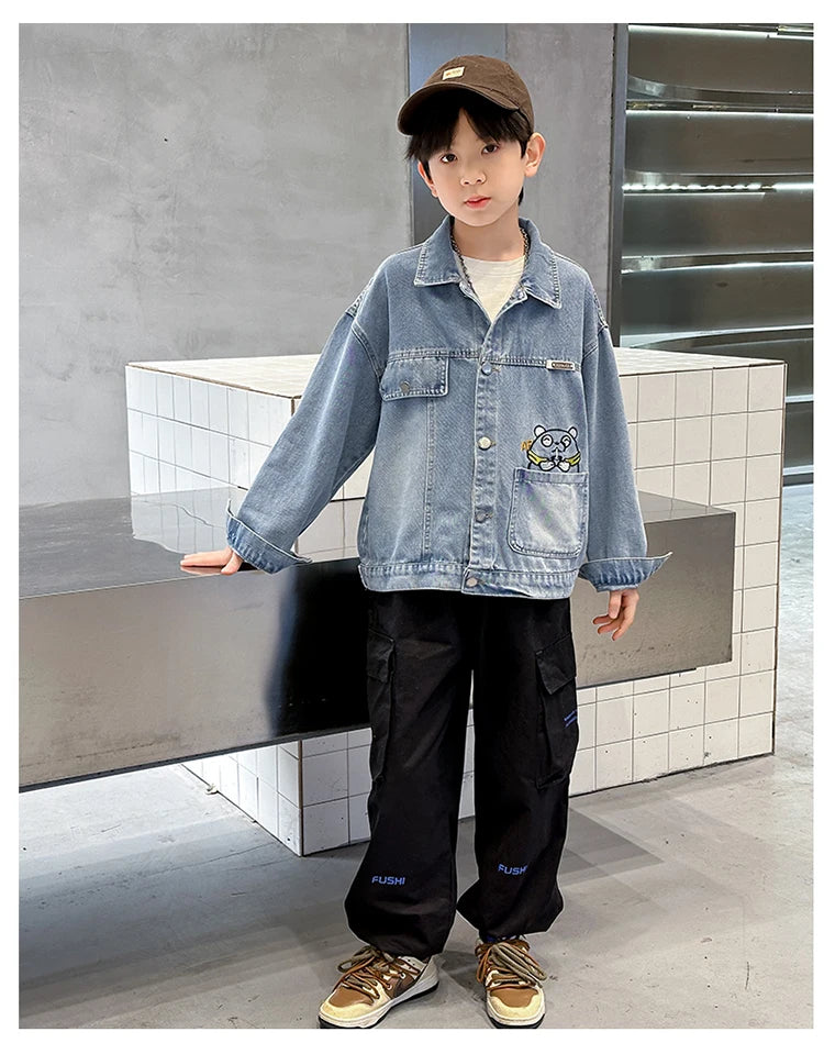 M&T Wear - Kids Denim Jacket Boys Jeans Coat Clothing Fashion Baby Boy Denim Jacket With Cartoon Embroidery Child Casual Streetwear Outfit