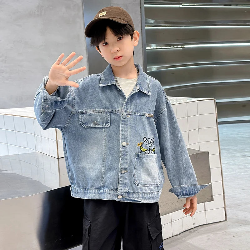 M&T Wear - Kids Denim Jacket Boys Jeans Coat Clothing Fashion Baby Boy Denim Jacket With Cartoon Embroidery Child Casual Streetwear Outfit