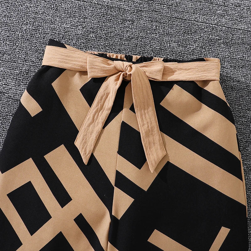 M&T Wear - Kids Clothing Sets For Girls Khaki Off-shoulder Long sleeve Top & Stripe Printing Pants Summer Resort Style Children Suits OOTD