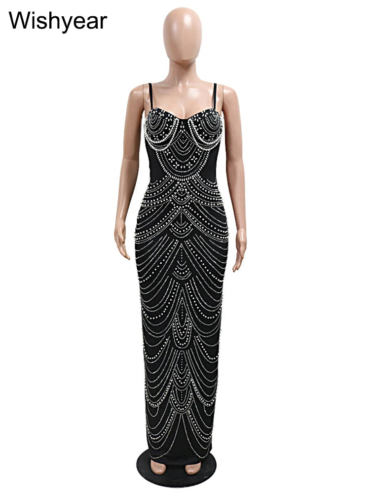 M&T Wear - New Luxury Sparkly Crystal Rhinestone Pearl Celebrities Gown Brown Dress Woman Strap Evening Party Birthday Prom Wedding Vestido