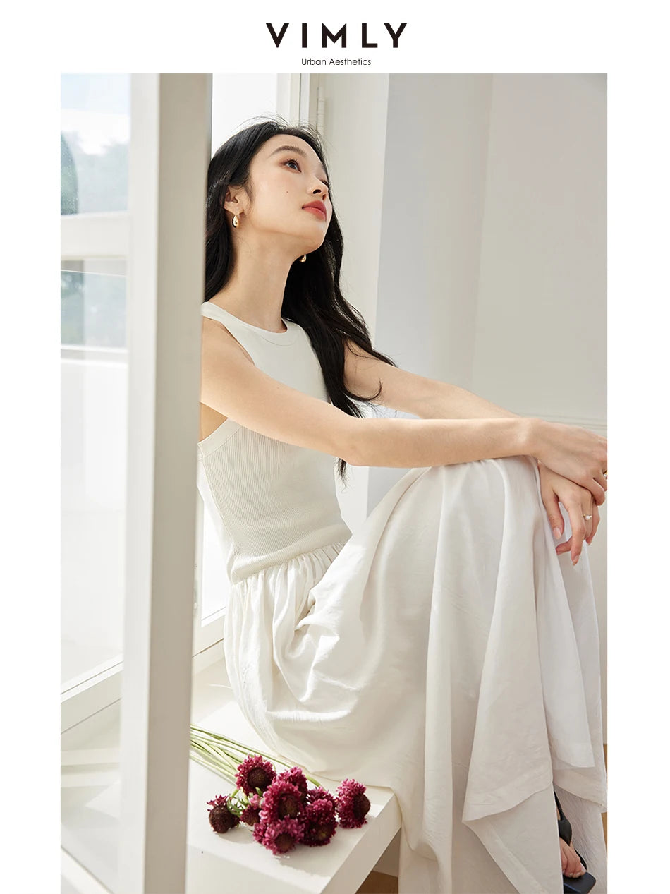 M&T Wear - VIMLY Women White Knit Vest Long Dresses Summer New Simple Elegant Sleeveless Waisted Temperament Party Evening A-Line Dress