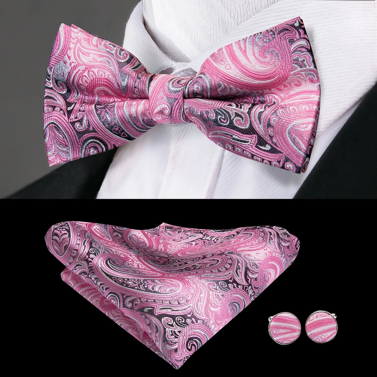 Hi-Tie 60 Color Classic Bow Ties for Men Silk Butterfly Pre-Tied Male Bowtie Pocket Square Cufflinks Set Jacquard Paisley Floral
