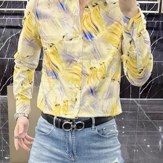 M&T Wear - Spring and Autumn High-end Long-sleeved Men's Fancy Shirt Micro-Stretched Slim Personalized Fashion Printed Shirt