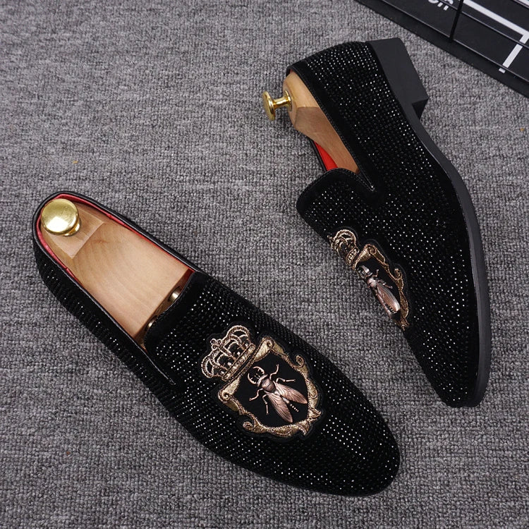 M&T Wear - New Shoes for Men Leather Casual Shoes Luxury Pointed Toe Party Dress Shoes Street Trend Slip-on Rhinestone Crown Loafers