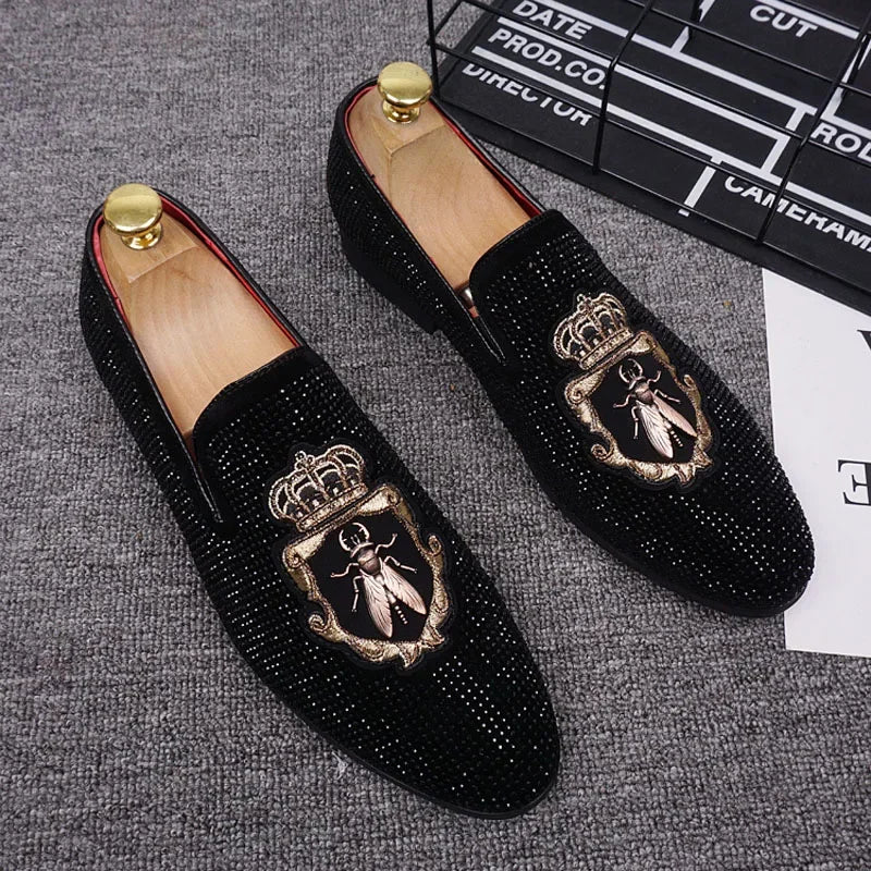 M&T Wear - New Shoes for Men Leather Casual Shoes Luxury Pointed Toe Party Dress Shoes Street Trend Slip-on Rhinestone Crown Loafers