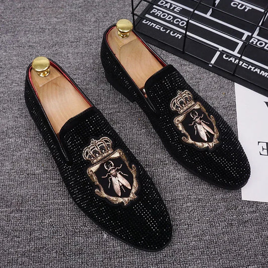 M&T Wear - New Shoes for Men Leather Casual Shoes Luxury Pointed Toe Party Dress Shoes Street Trend Slip-on Rhinestone Crown Loafers