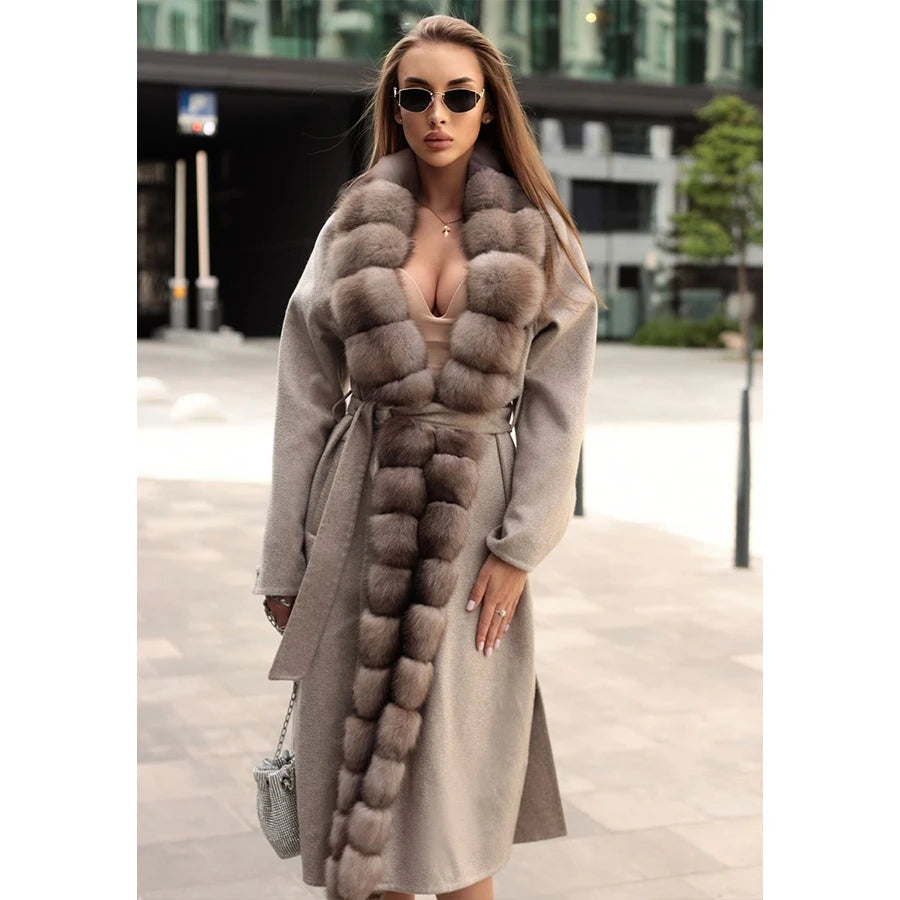 M&T Wear - Luxury Natural Wool Long Coat with Real Fox Fur Trim