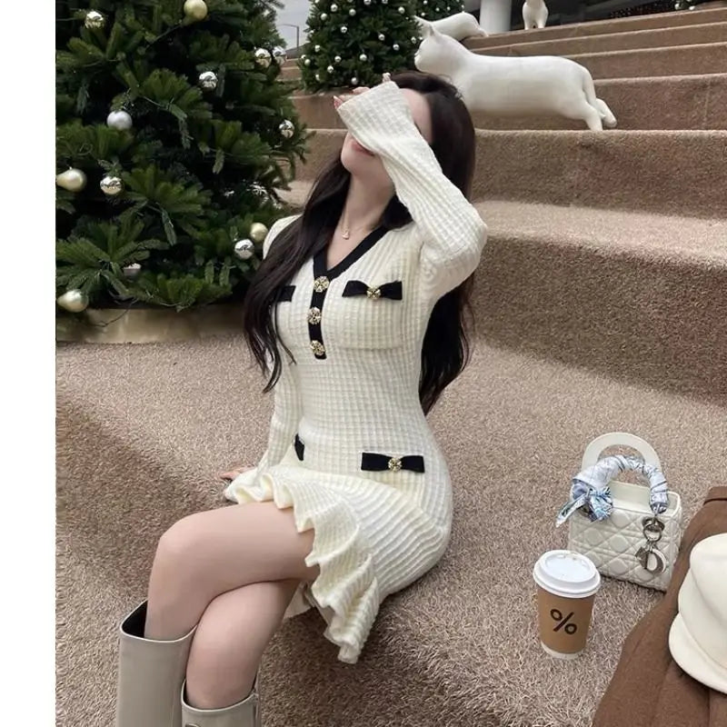 M&T Wear - Elegant V-Neck Slim Fit Knit Mini Dress