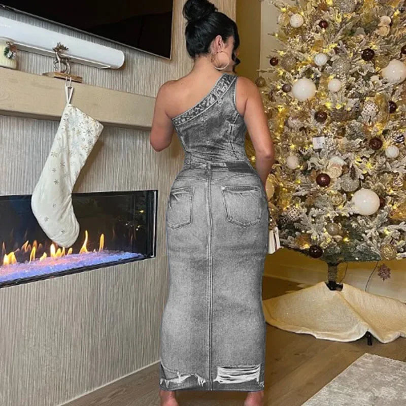M&T Wear- Fake Denim 3D Print One Shoulder Bodycon Maxi Dress Women 2025 Party Night Sleeveless Clubwear Birthday Long Dresses Vestido