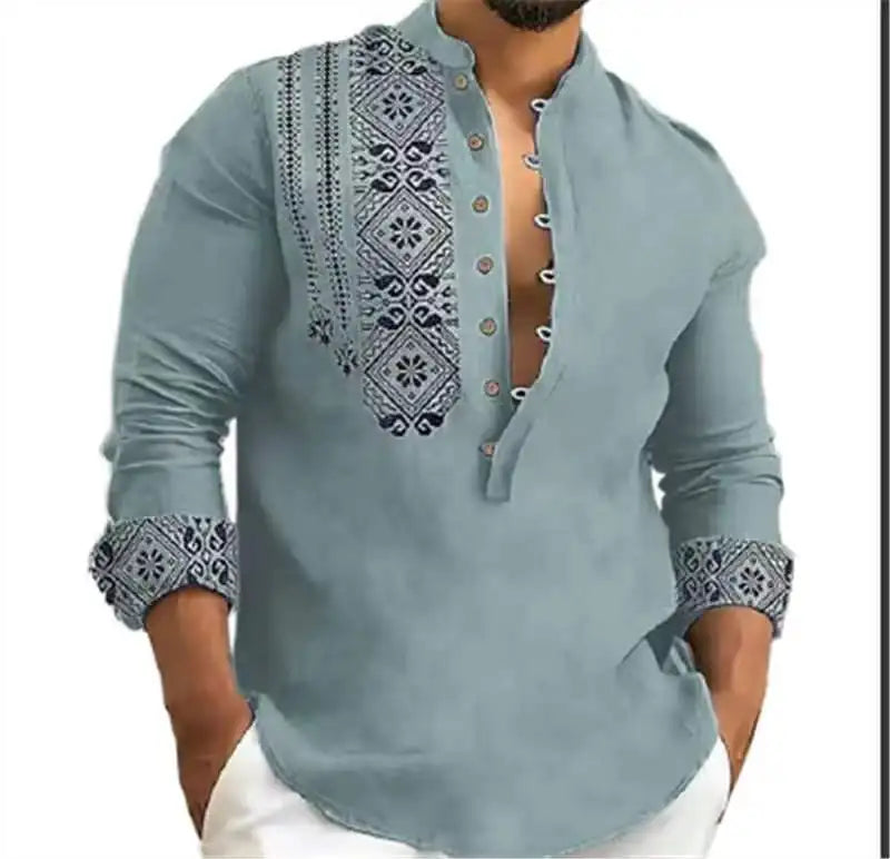 M&T Wear - New Long-sleeved Stand Collar Trendy Half-cardigan Casual Thin Shirts for Men