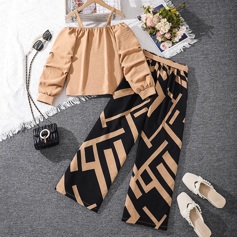 M&T Wear - Kids Clothing Sets For Girls Khaki Off-shoulder Long sleeve Top & Stripe Printing Pants Summer Resort Style Children Suits OOTD