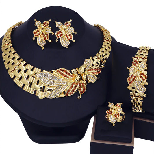 M&T Wear - Wedding Jewelry Set, 4-Piece Flower Choker Necklace, Bracelet, Earrings & Ring